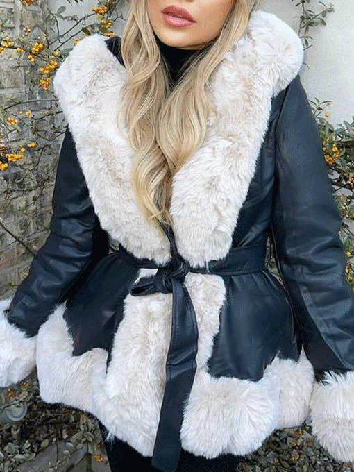 Fuzzy PU Leather Jacket with Belt Beige / 5XL