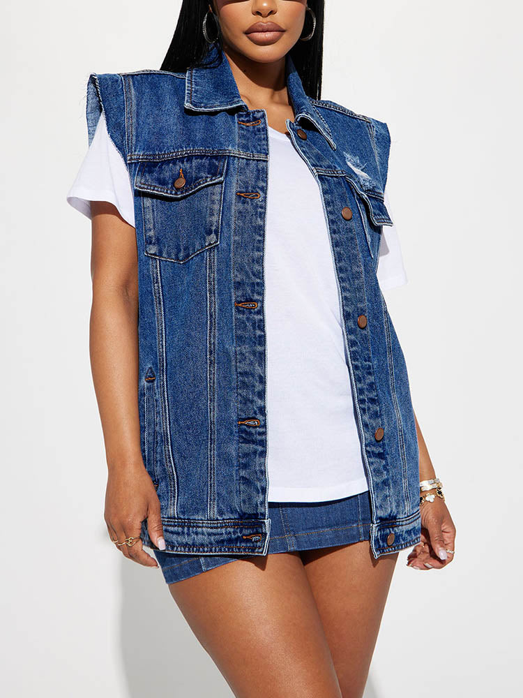 Button Denim Vest Dark Blue / M