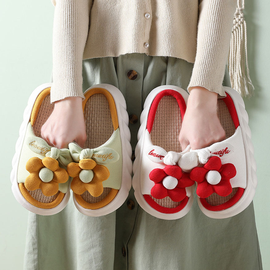 Cute Flower Decor Linen Slippers Orange / EU:35-36:US Women's 4-5.5