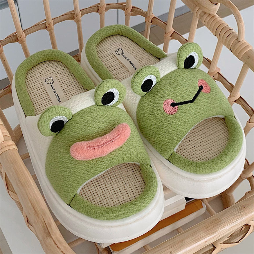 Cute Frog Linen Slippers Green / EU:38-39:US Women's 7-8.5 Men's 4.5-6