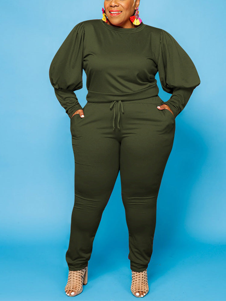 Solid Top Drawstring Pants Set Dark Gray / 2XL