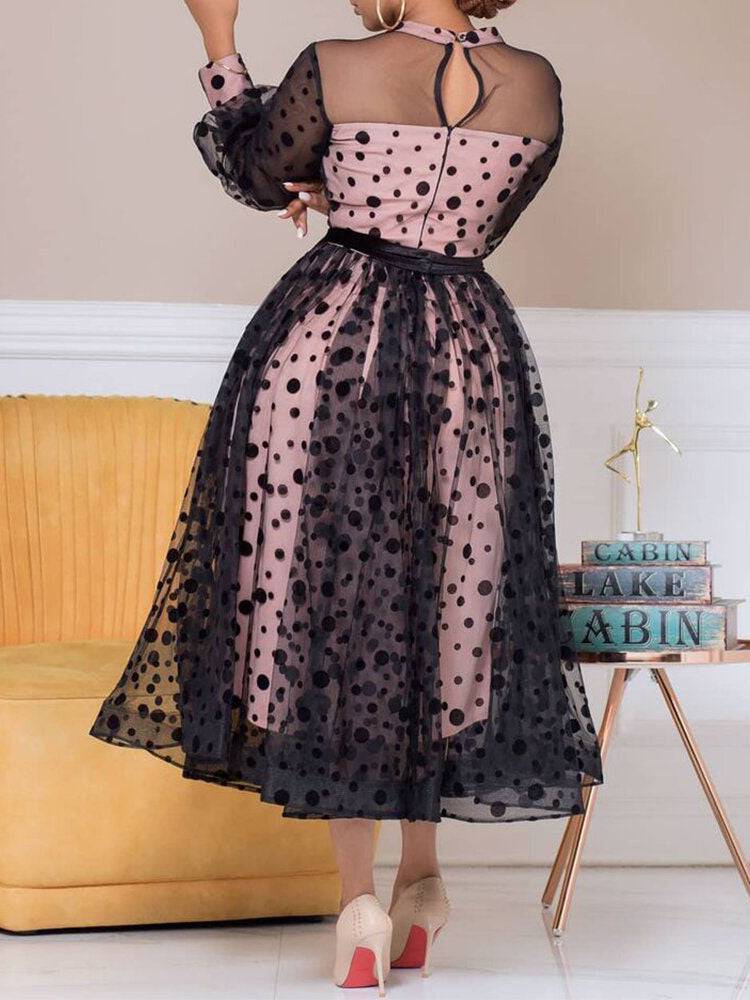 Women's Polka Dot Mesh Patchwork Dress Black Pink / XL