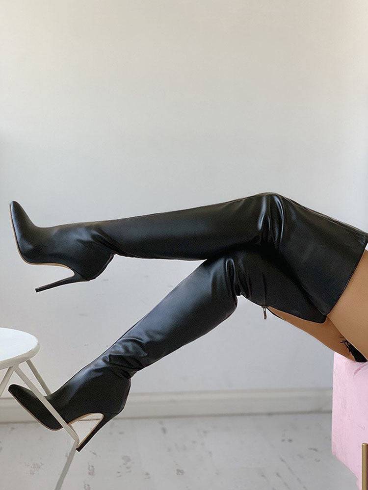 PU Zipper Stiletto Heeled Over Knee Boots Black / 6.5/7