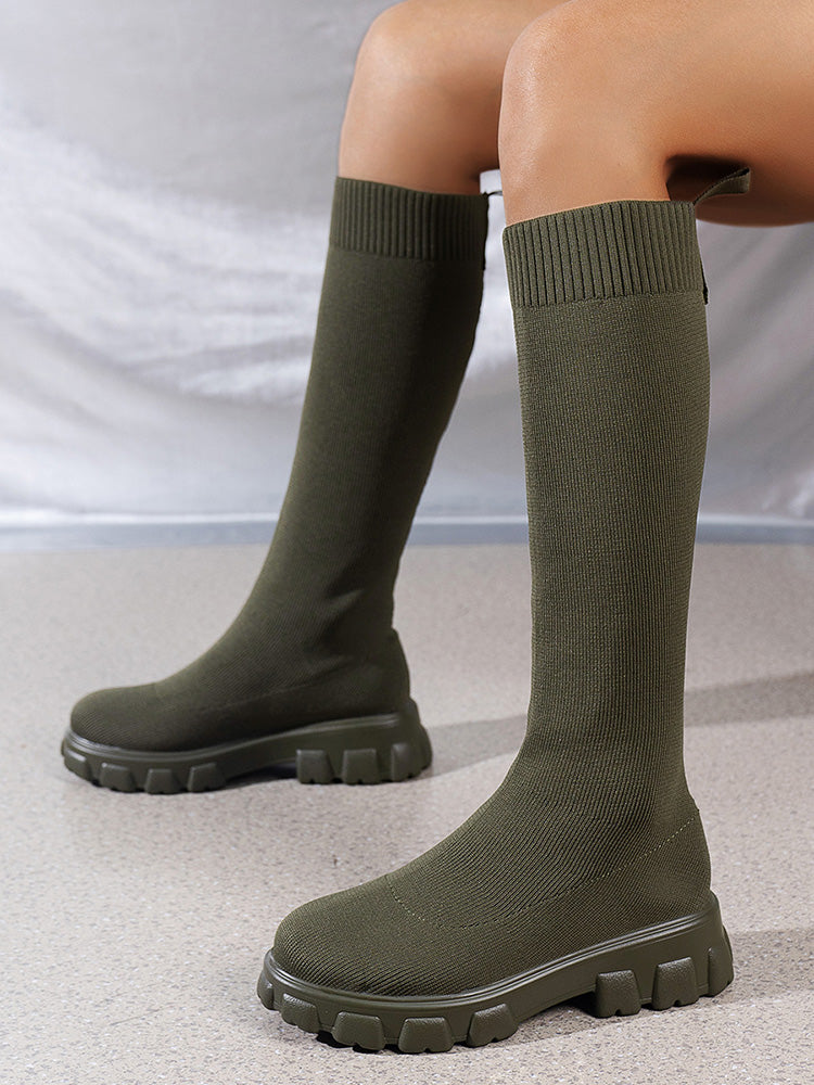 Knitted Flat Heel Sock Boots Green / 7.5/8