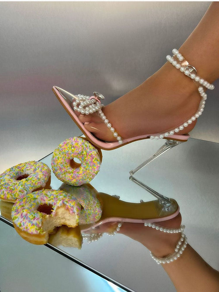 Pearl Bow Pointed Toe Heel Sandals Pink / 9/9.5