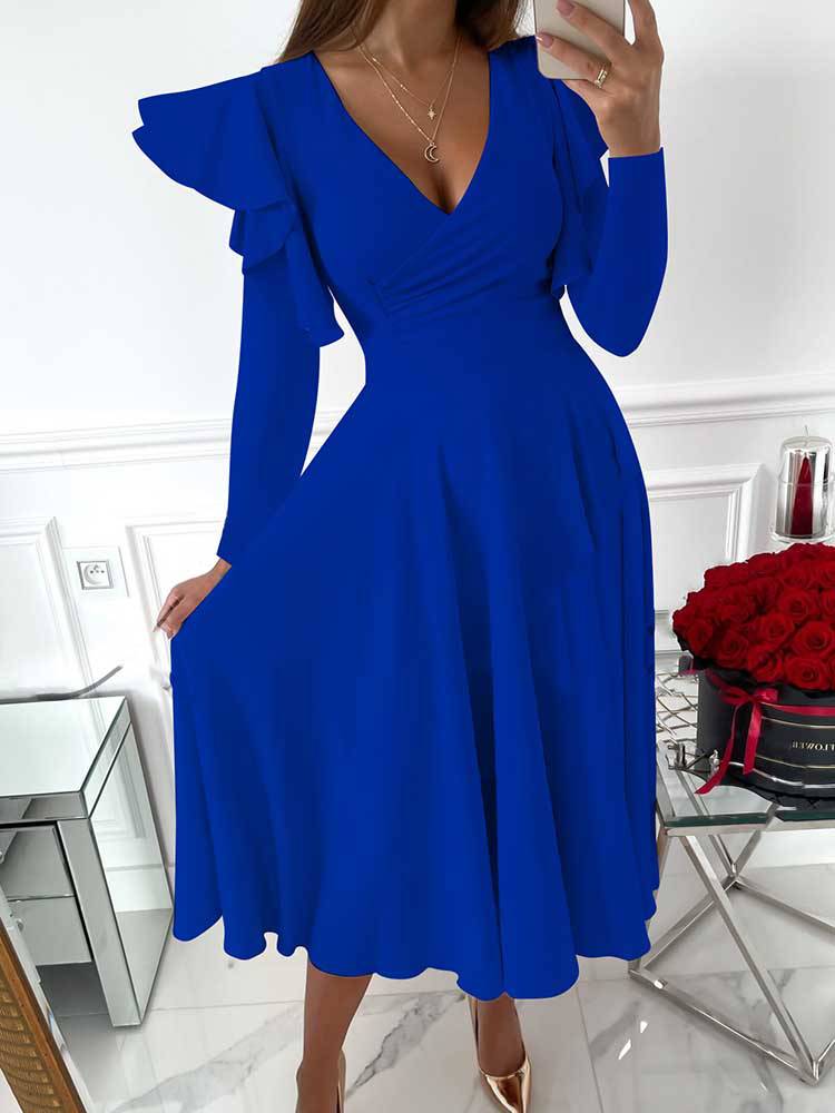 V Neck Ruffled Long Sleeved Dress White / L