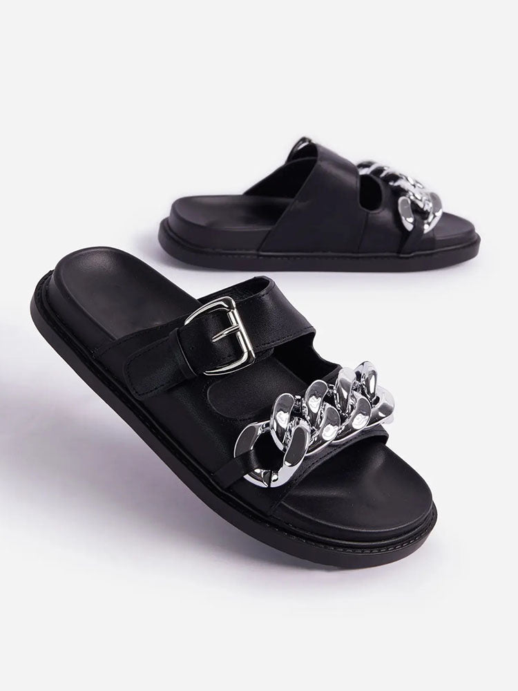Chain Decor Double Buckles Sandals Khaki / 9/9.5