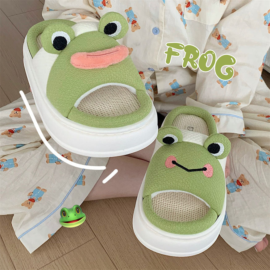 Cute Frog Linen Slippers Green / EU:40-41:US Women's 9-10.5 Men's 6.5-8
