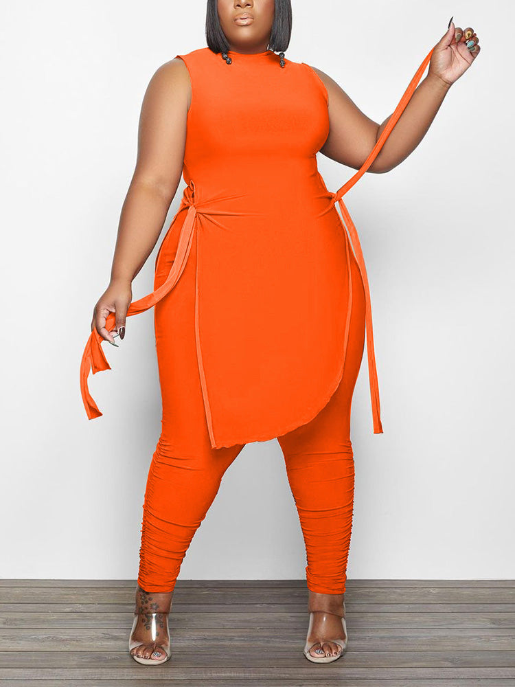 Asymmetrical Top Ruched Pants Set Orange / XL