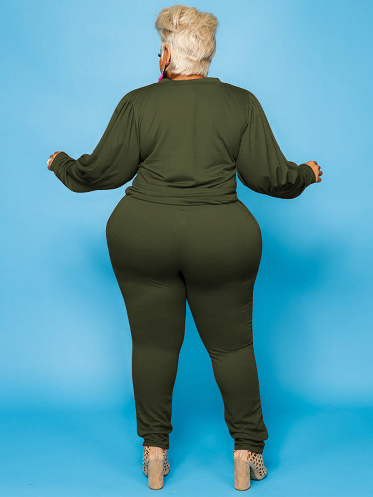 Solid Top Drawstring Pants Set Army Green / XL