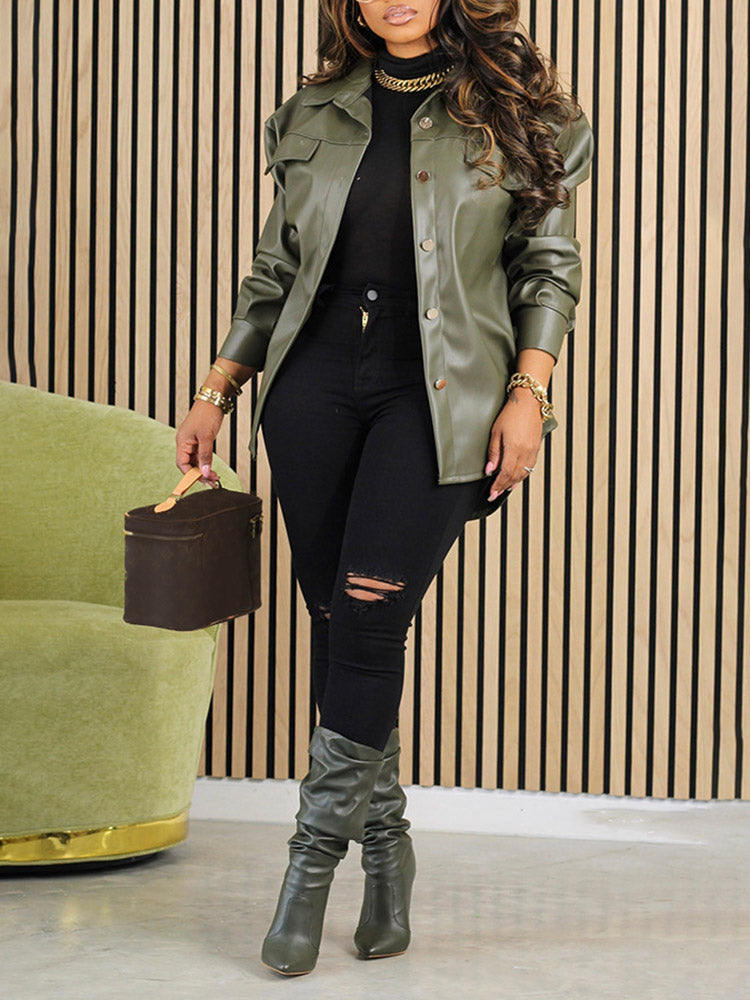 Leather Button Jacket Green / S