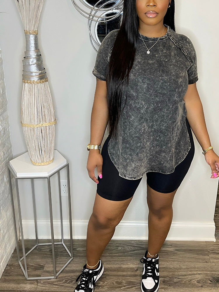 Slit Top Skinny Shorts Set Black / L