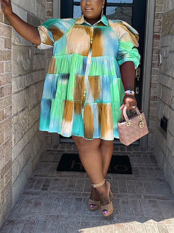 Tie Dye Ruffled Shirt Dress Purple / 4XL