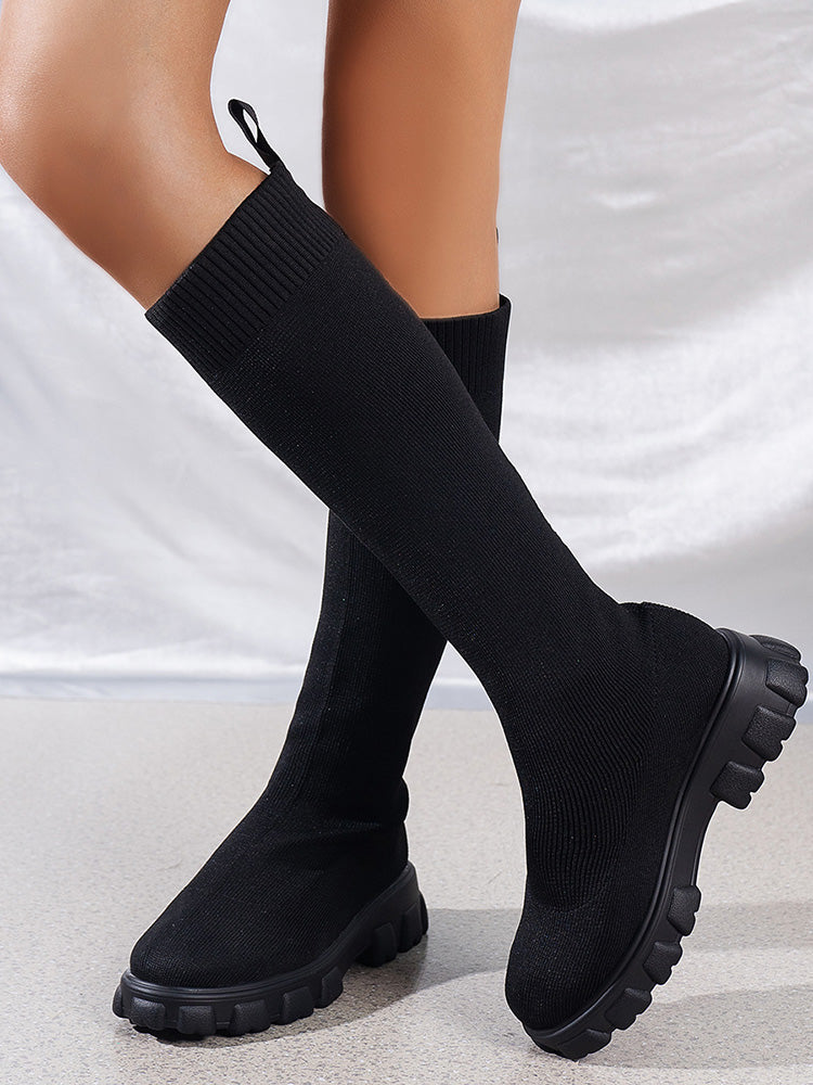 Knitted Flat Heel Sock Boots Black / 6