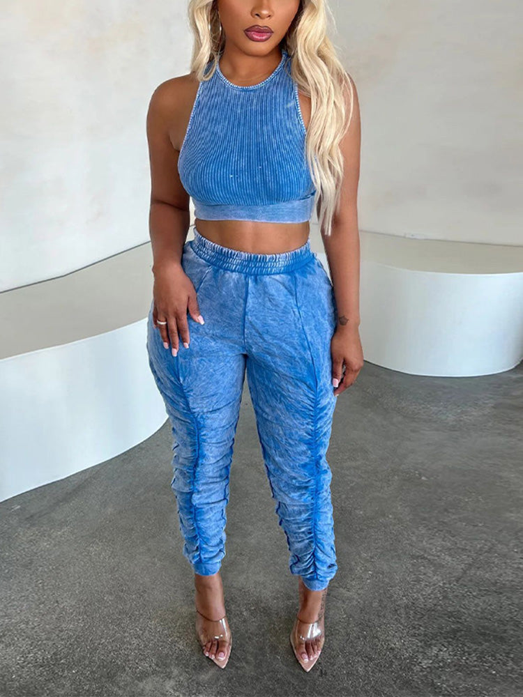 Tank Top Ruched Pants Set Blue / S