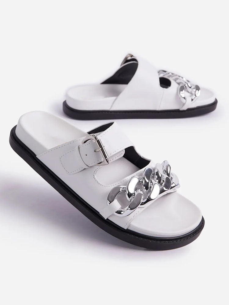 Chain Decor Double Buckles Sandals Khaki / 5/5.5