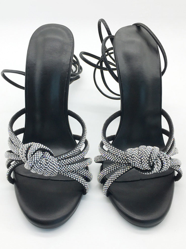 Women's Rhinestone Lace-up Pointed-toe Heels Golden / 9/9.5