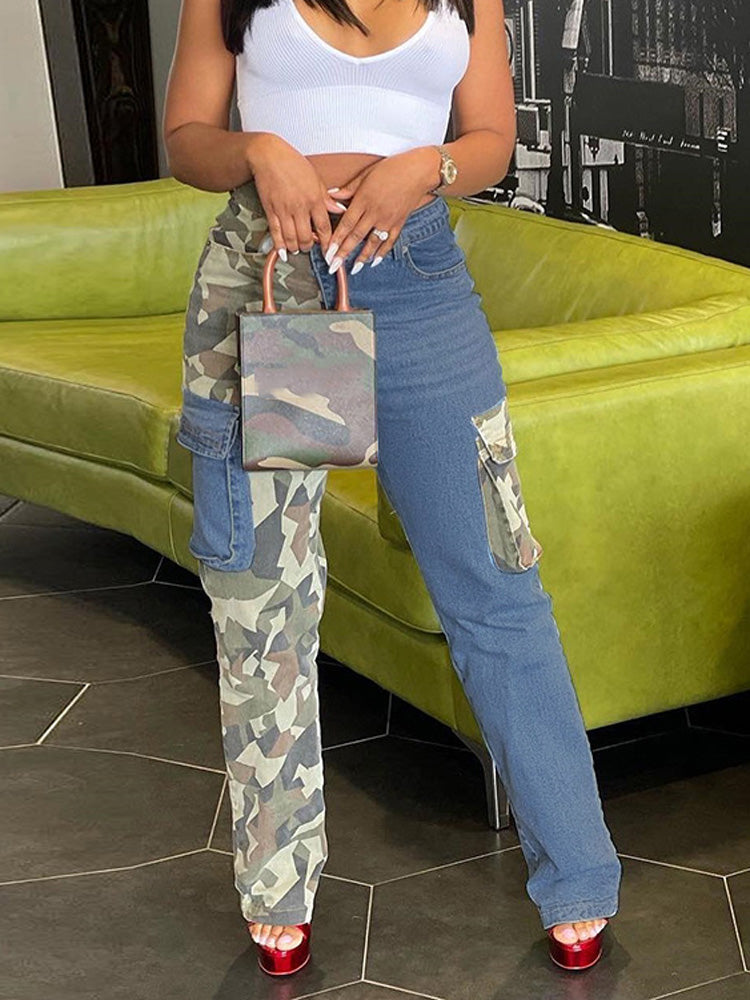 Camouflage Denim Patchwork Pants Blue / M