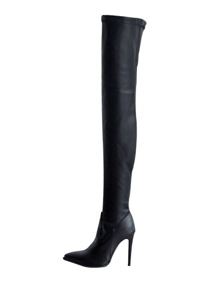 PU Leather Flat Over Knee Boots Chunky Heel / 6.5/7