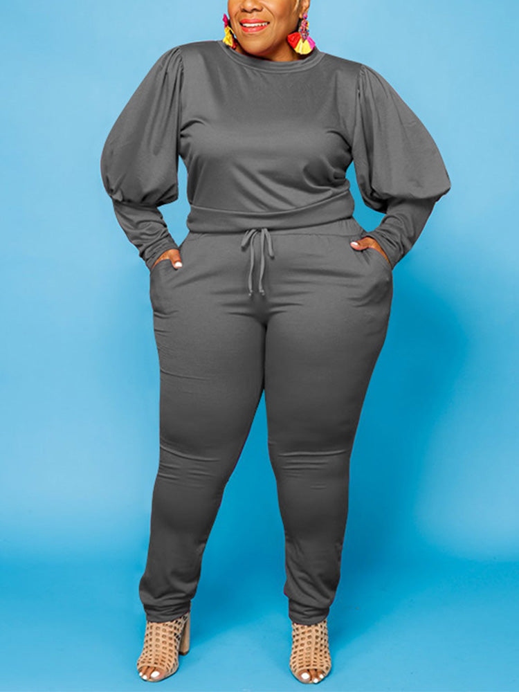 Solid Top Drawstring Pants Set Dark Gray / 4XL