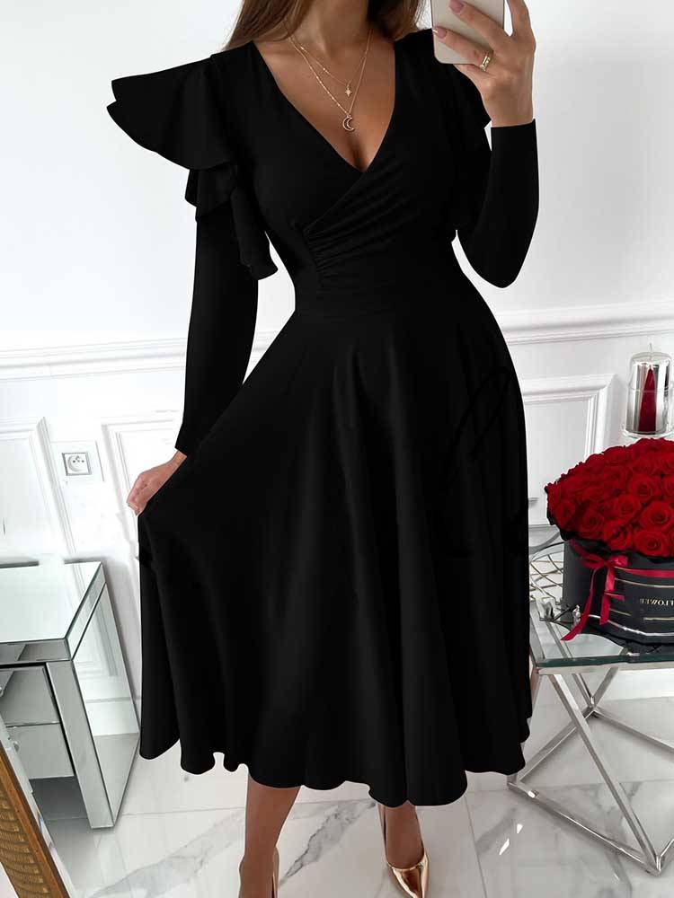 V Neck Ruffled Long Sleeved Dress Black / XL
