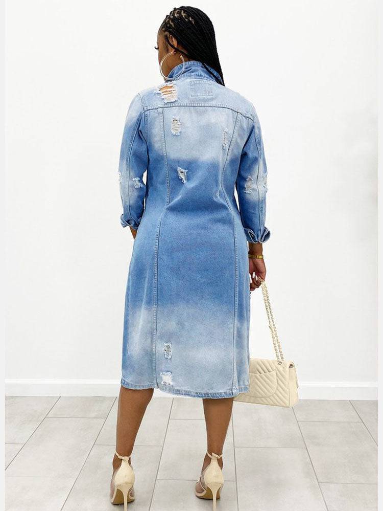 Turndown Collar Ripped Denim Coats Blue / XL