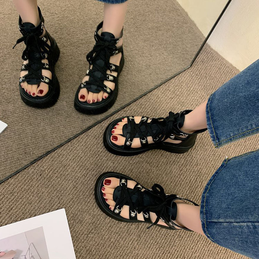 Thick-Sole Lace Up Roman Sandals Black / EU:40:US Women's 9-9.5 Men's 6.5-7
