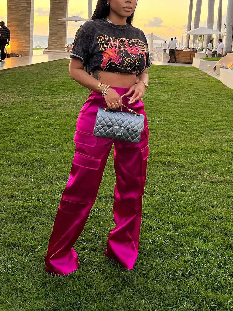Satin Cargo Pants Rose / XL