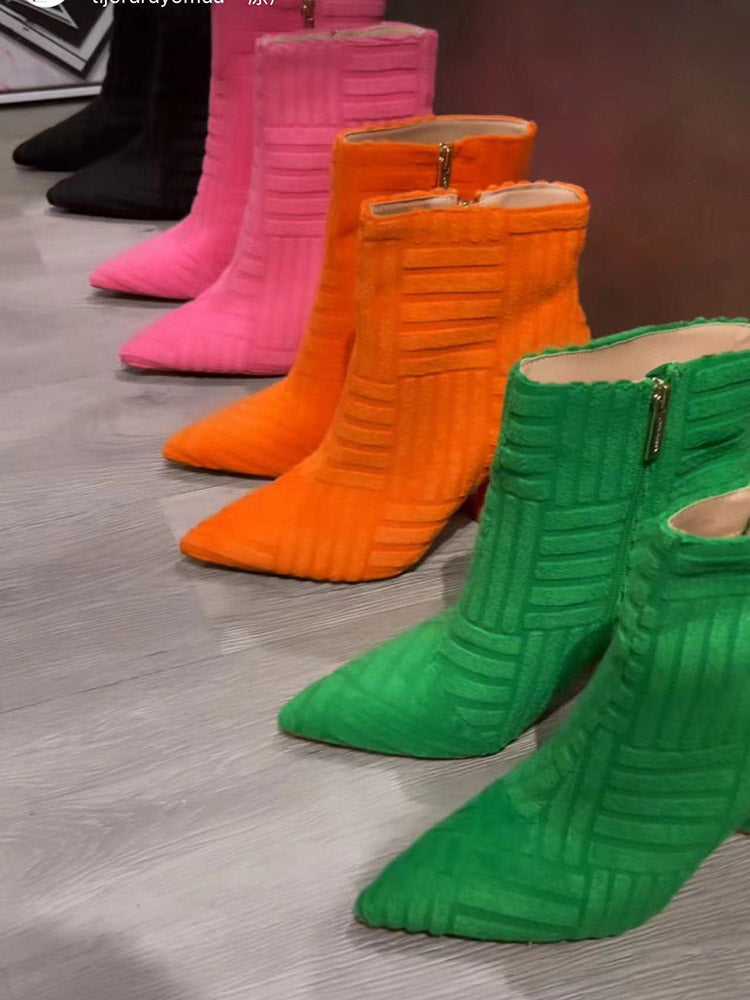 Towel Pointed Toe Chunky Heel Boots Green / 8.5