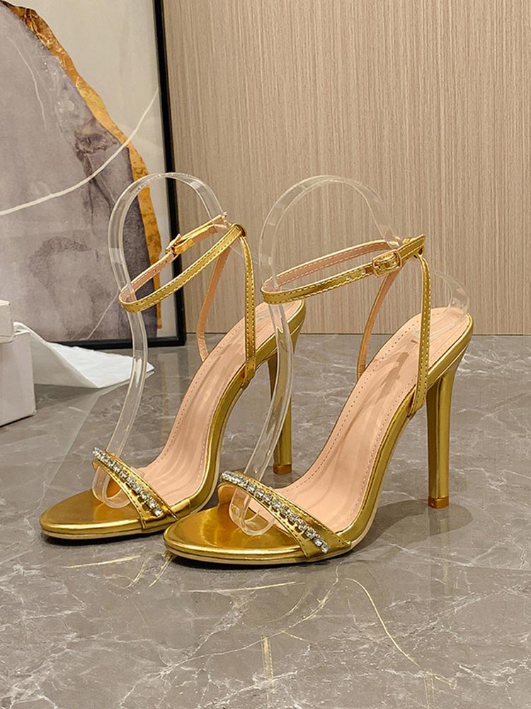 Rhinestone Ankle Strap Heels Gold / 6.5/7