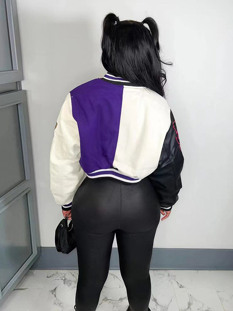 Letter Decor Color Block Jacket Purple / L