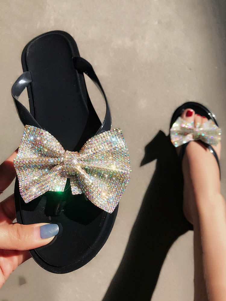 Bow Rhinestone Flip-Flops Sandals Black 1 / 7.5/8