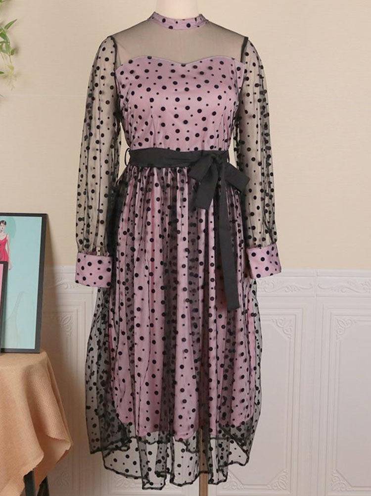 Women's Polka Dot Mesh Patchwork Dress Black Pink / 2XL