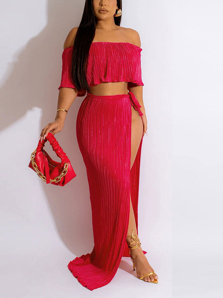 Off Shoulder Top Split Skirt Black / L