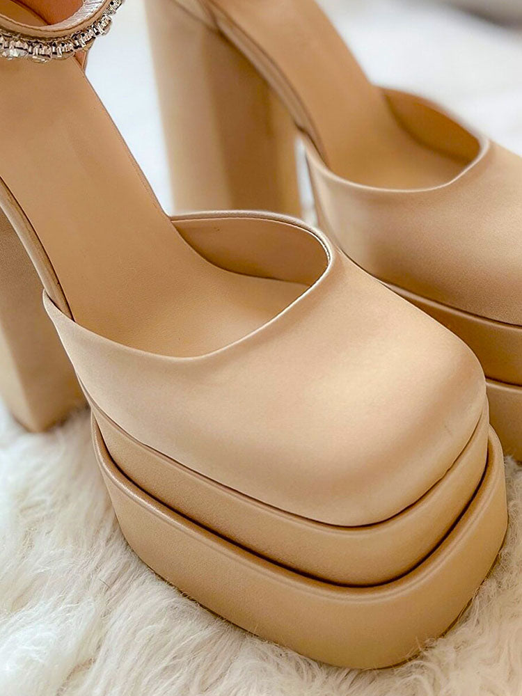 Rhinestone Decor Platform Heels Apricot / 4/4.5