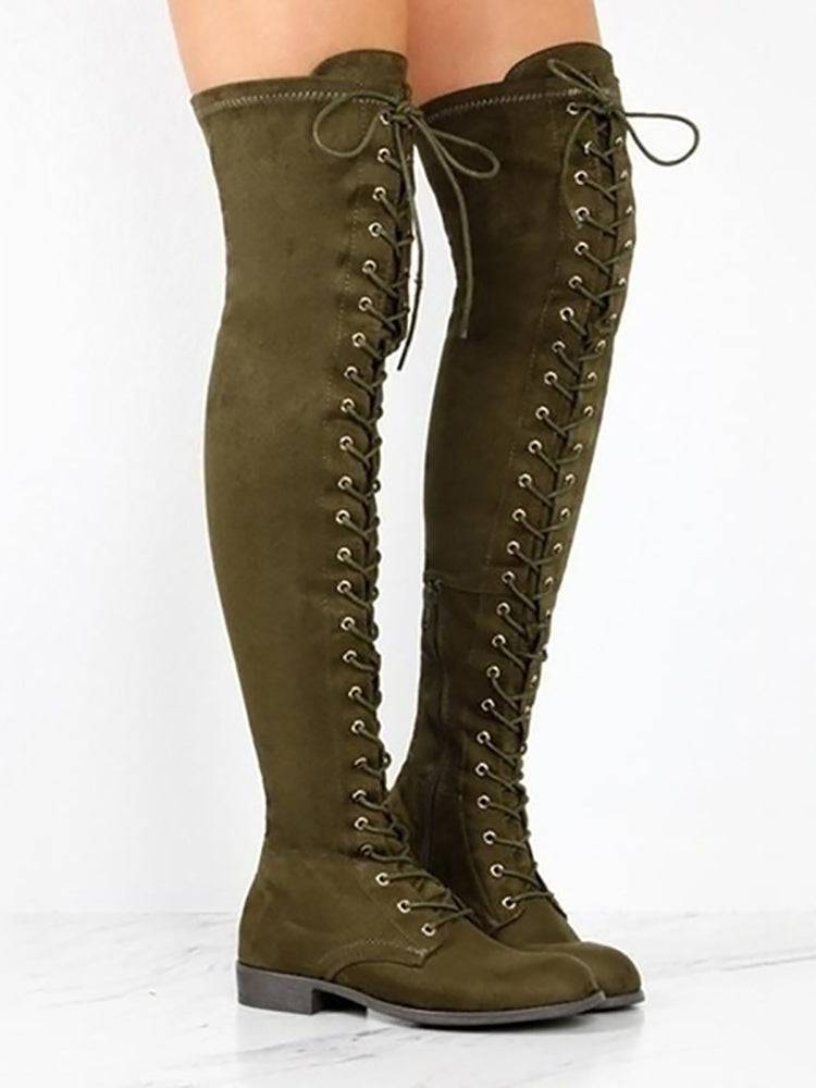 Lace Up Flat Suede Boots Army Green / 7.5/8