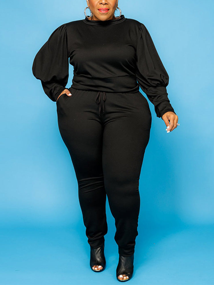 Solid Top Drawstring Pants Set Dark Gray / 3XL