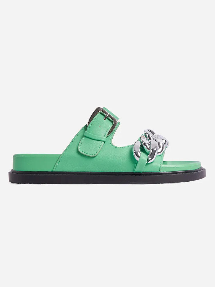 Chain Decor Double Buckles Sandals Green / 7.5/8