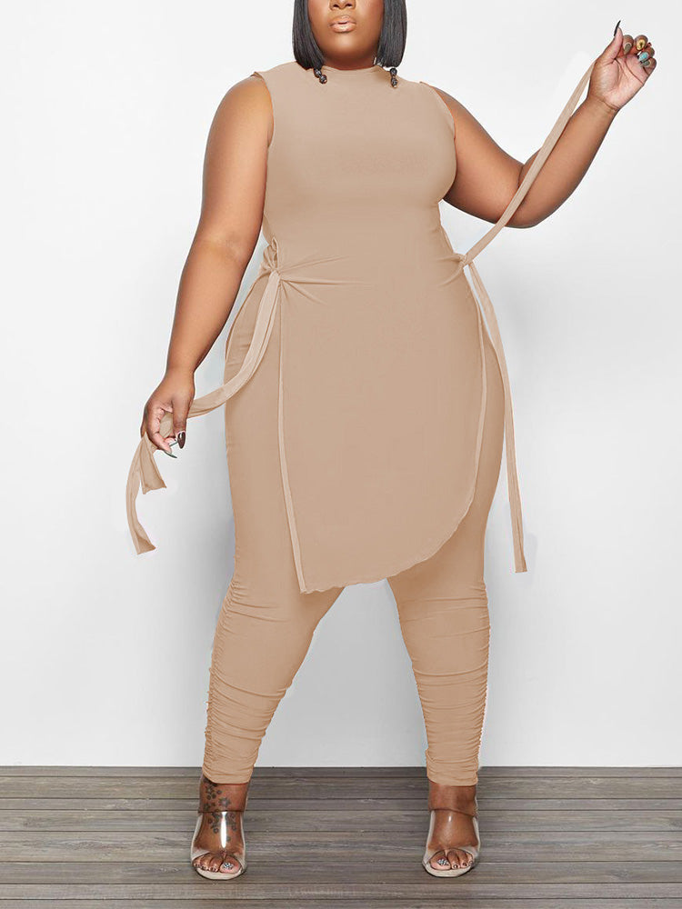 Asymmetrical Top Ruched Pants Set Orange / 4XL