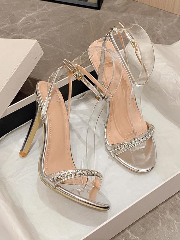 Rhinestone Ankle Strap Heels Silver / 6.5/7