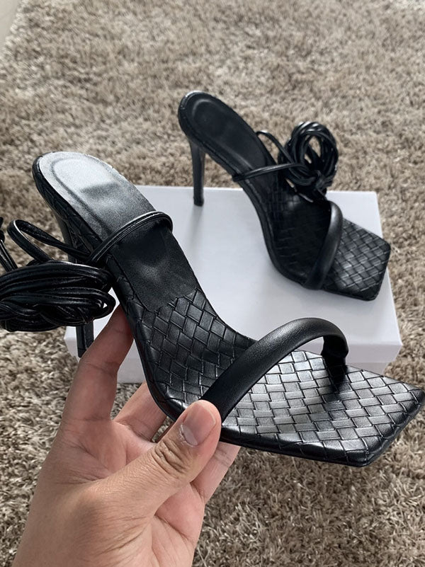 Square Toe Lace-Up Heels Black / 6.5/7