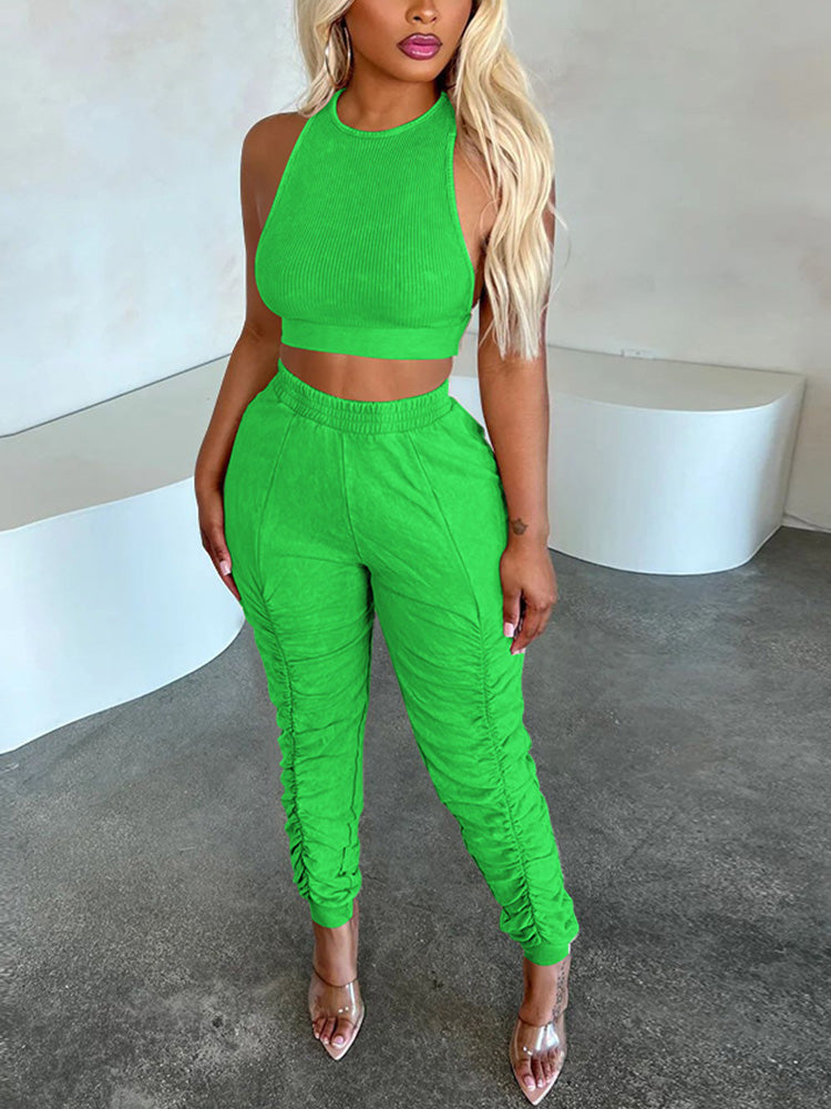 Tank Top Ruched Pants Set White / S