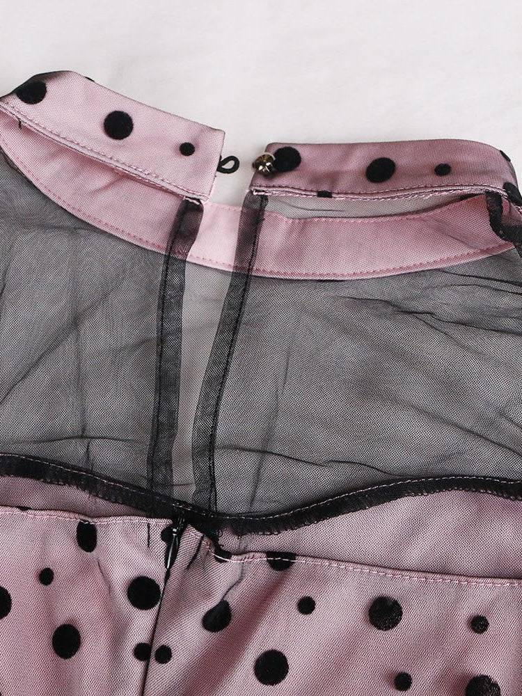Women's Polka Dot Mesh Patchwork Dress Black Pink / 3XL