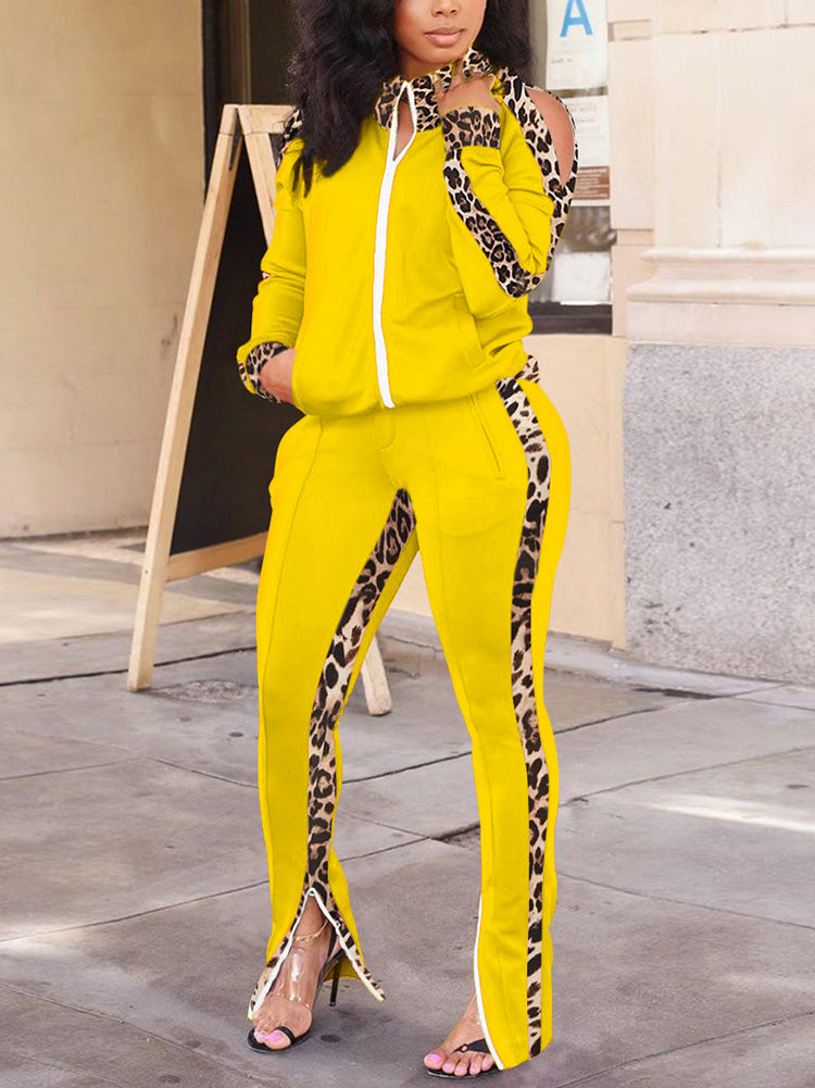 Cold Shoulder Leopard Patchwork Set Yellow / 2XL