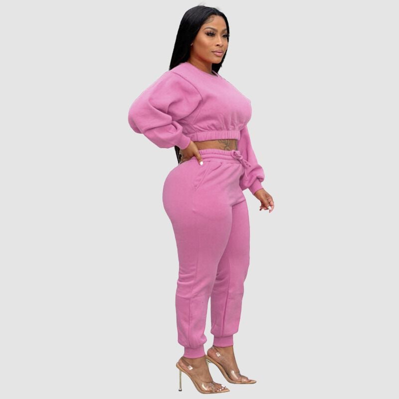 Crew Neck Crop Top & Drawstring Pant Set Black / S