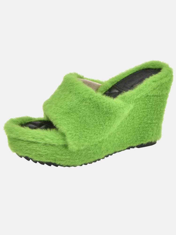 Fluffy Wedge High Heel Sandals Black / 10.5/11