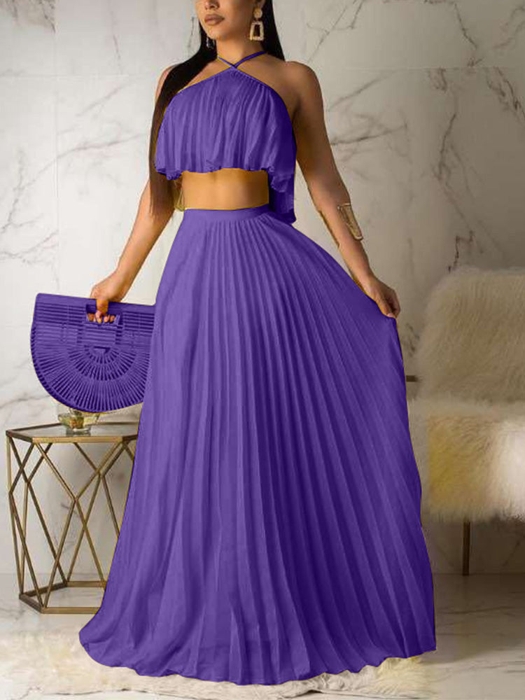 Chiffon Pleated Skirt Set Wine Red / L