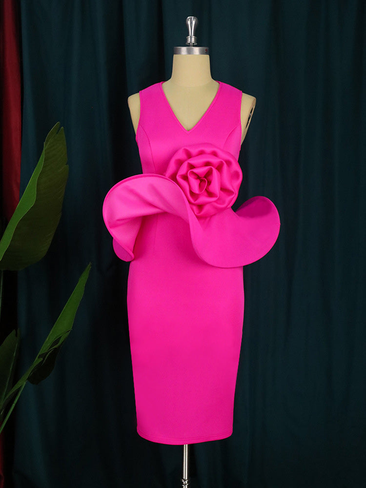 Flower Ruffle Party Dress Rose / 3XL