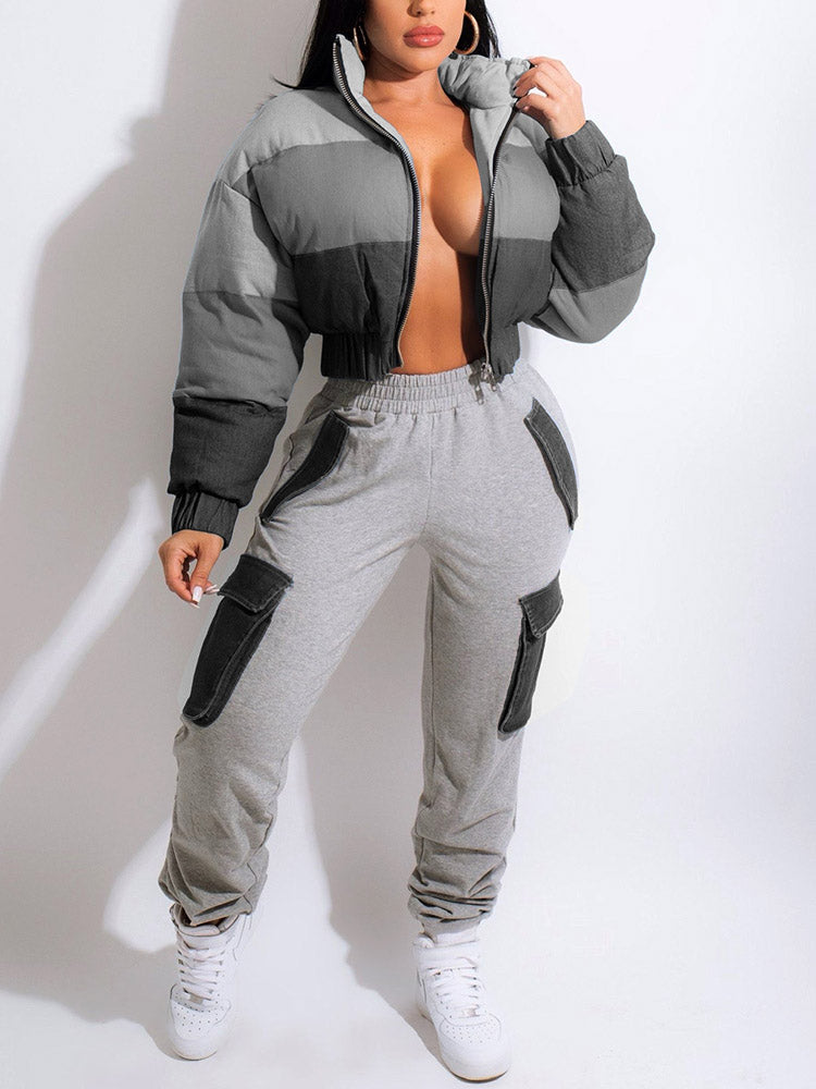 Color Block Denim Puffer Jacket Gray / M