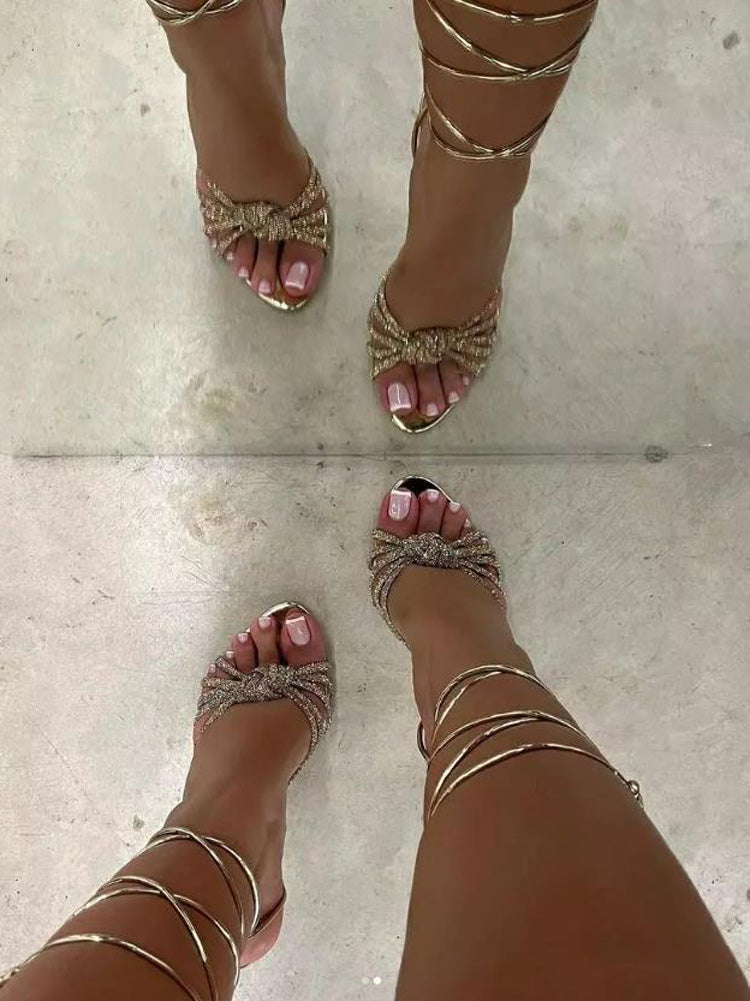 Women's Rhinestone Lace-up Pointed-toe Heels Golden / 6
